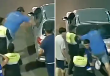 Un motociclista fue atropellado por un auto, se levantó y le rompió los vidrios a piñas